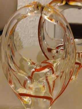 Murano RED/ ORANGE/ CLEAR MURANO GLASS BASKET VASE 7" TALL Excellent Condition